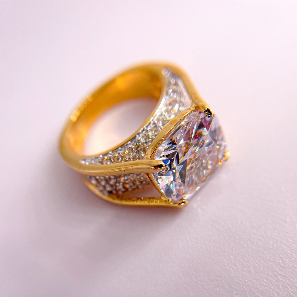 Gold Tone Cushion Cut Cubic Zirconia High Profile Ring. Size 6.
